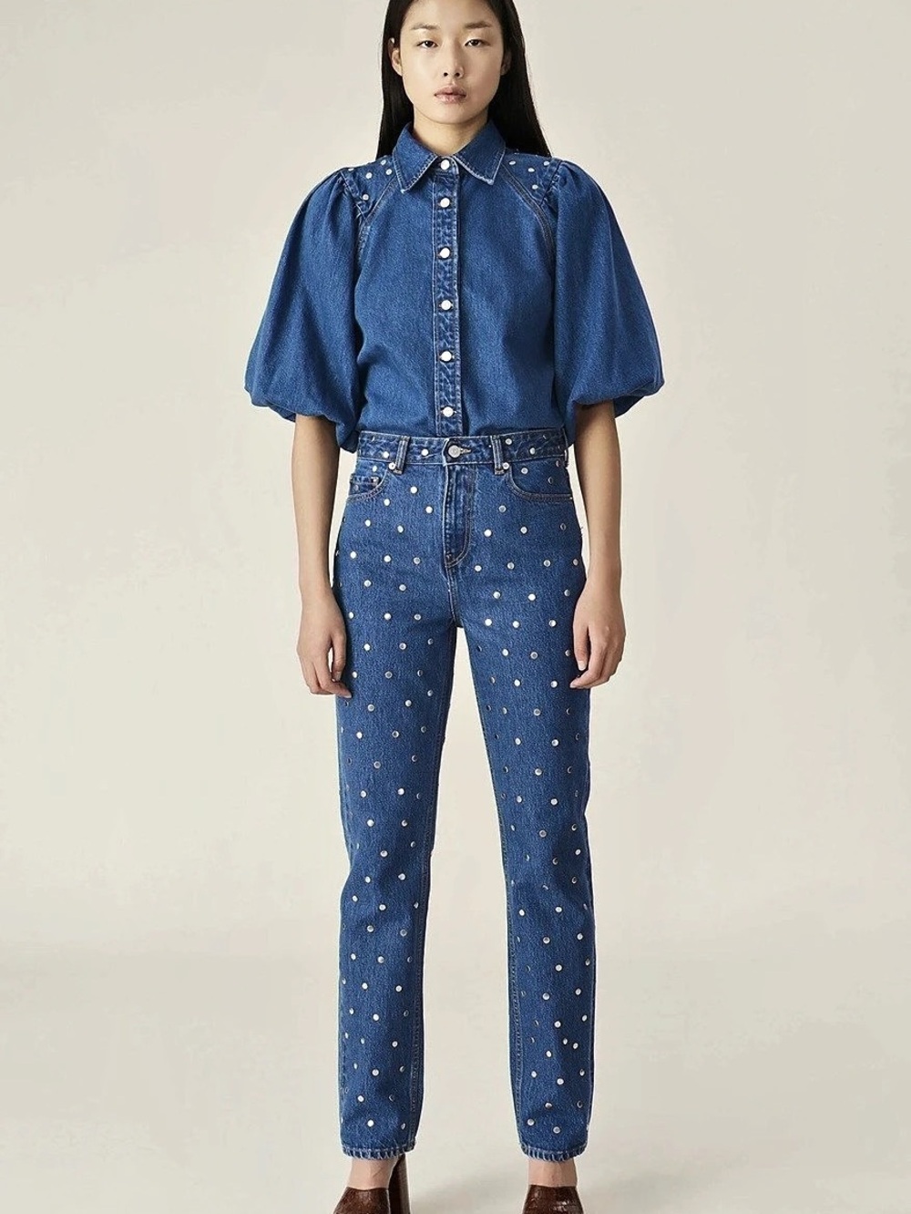 GANNI Studded High-Rise Straight-Leg Jeans Studded Straight Leg Jeans in Blue